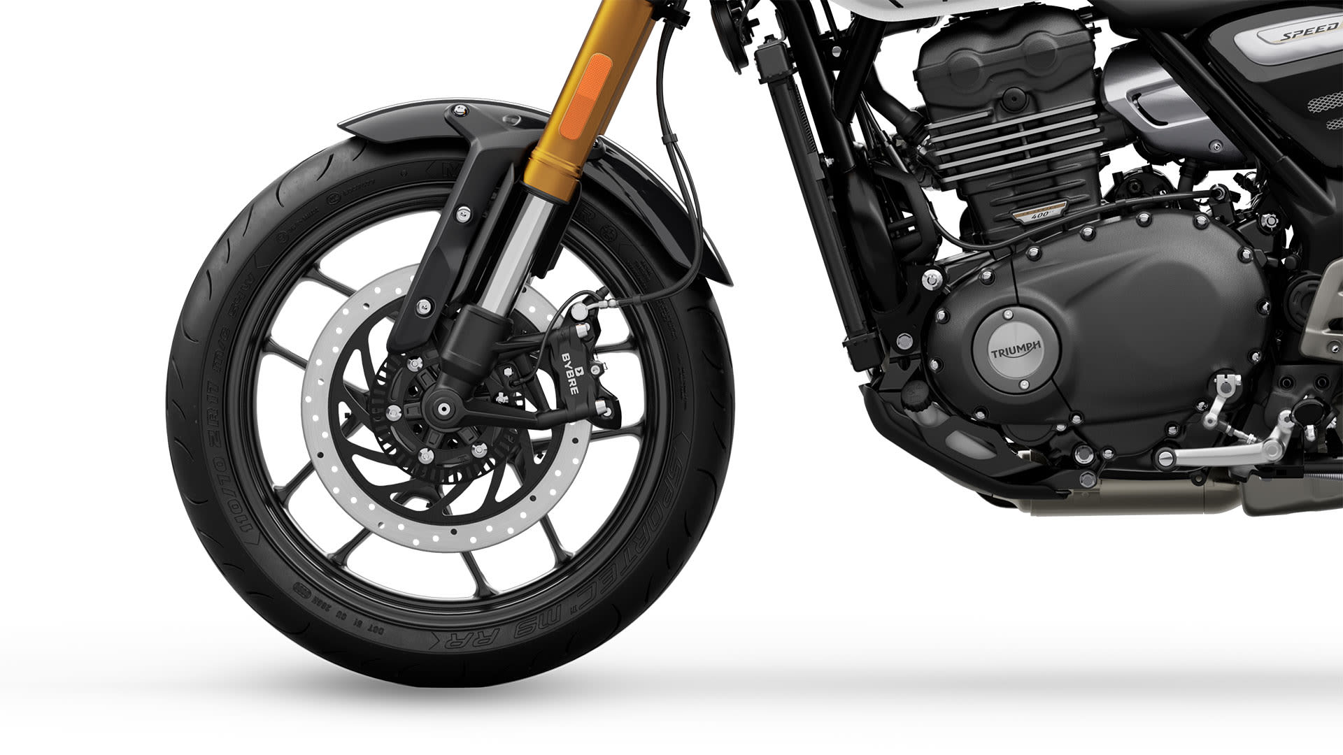 Triumph MY26 Speed 400 in Pearl Metallic White left hand side front wheel